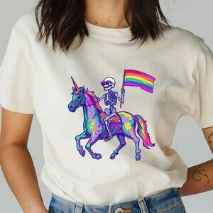 Gay Skeleton on Unicorn Shirt, Funny Gay Png Trendy LGBT Shirt